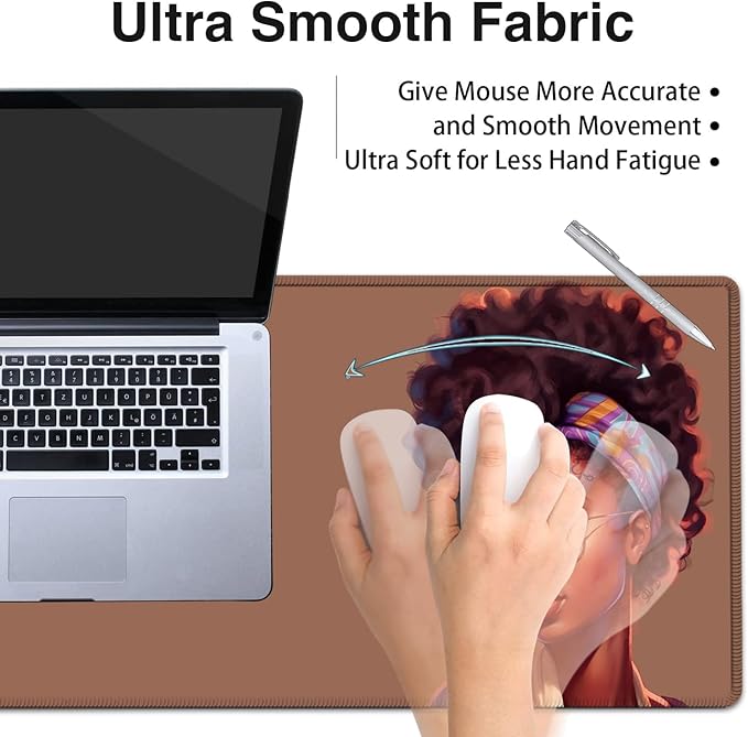 Desk Pad Extended Large Mouse Pad with Stitched Edges (31.5X11.8In) Ergonomic Mouse Wrist Rest Support Waterproof Computer Keyboard Mouse Mat Cute African Black Girls XXL Brown Gaming Mouse Pad
