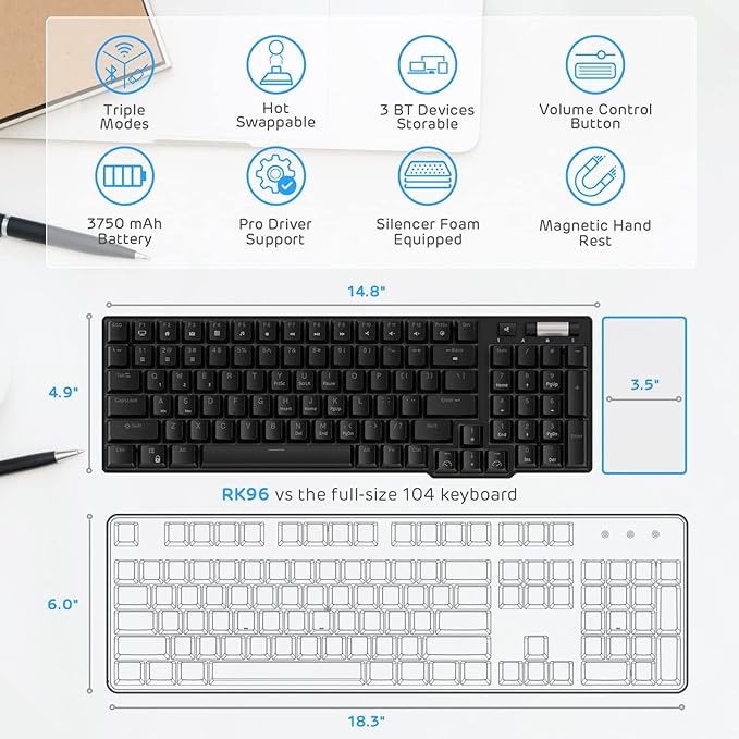 RK ROYAL KLUDGE RK96 90% Triple Mode BT5.0/2.4G/USB-C Hot Swappable Mechanical Keyboard with Magnetic Wrist Rest 96 Keys Wireless Gaming Keyboard with Software Blue Backlight