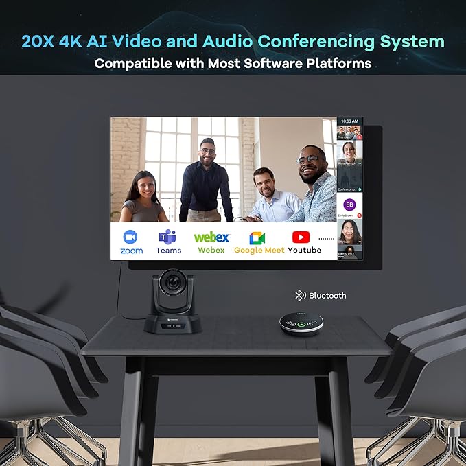 TONGVEO 4K AI Auto Tracking PTZ Conference Camera System with Bluetooth Speakerphone &amp Microphone 20X Optical Zoom USB3.0 HDMI LAN PoE Power Camera for Church Worship Meetings Streaming