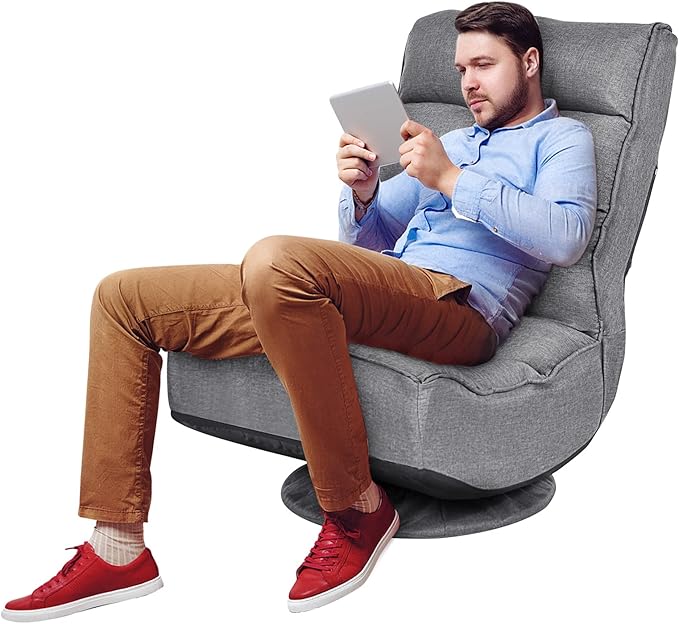 BestComfort 360-Degree Swivel Floor Gaming Chair 5-Position Adjustable Reclining Folding Floor Sofa Chair for Watching TV Reading Lounging Playing Video Game Home Office Floor Chair (Grey)