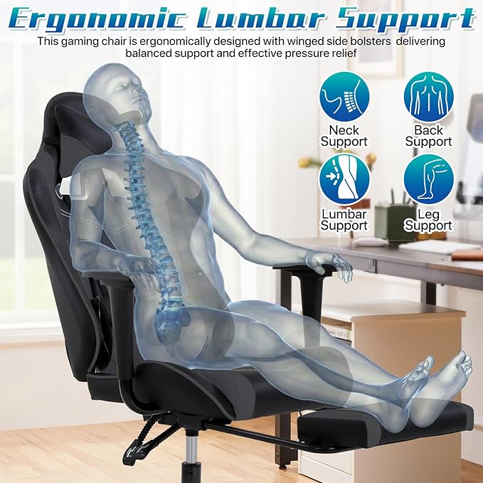 Ergonomic Gaming Chair with Footrest High Back PU Leather Office Desk Chair for Adults Teens Rolling Swivel Computer Chair (Grey)