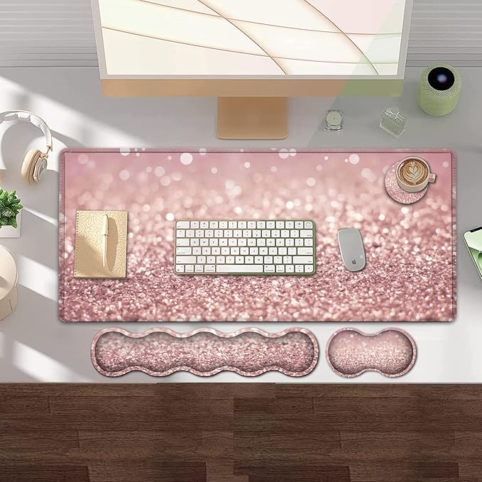Pink Gaming Mouse PadLarge Mouse Pad with Stitched EdgeNon-Slip Base Office Desk Pad Ergonomic Keyboard Wrist Rest SetWaterproof Writing PadPink Glitter Pattern Extended XXL Desk Mat
