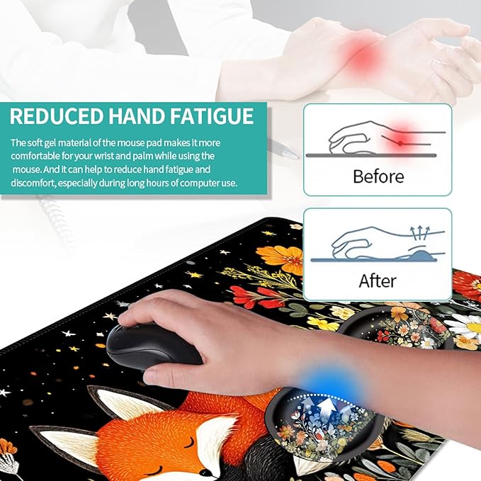 Keyboard Mouse Pad Set Extended Gaming Mouse Pad+Ergonomics Keyboard Wrist Rest Support Memory Foam Easy Typing Pain Relief 4Pcs XL Ultra Thick Desk MatSleeping Fox in Starry Night
