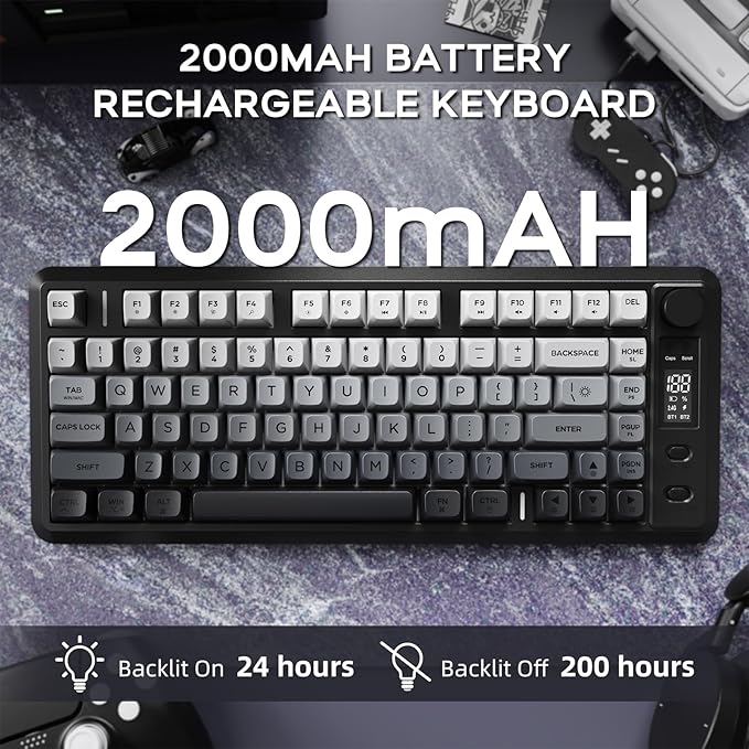 M75 Wireless Mechanical Feel Gaming Keyboard Bluetooth/2.4Ghz Membrane with Knob &amp OLED Display Rainbow Backlit Gradient PBT Keycaps 2000mAH Battery Anti-Ghosting-Moonnight