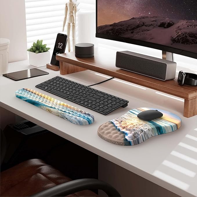 HAOCOO Ergonomic Mouse Pad with Wrist Rest and Keyboard Wrist Rest Pad Wrist Rest for Computer Keyboard and Mouse Pad Cushion Set Typing Mousepad with Wrist Support for Office Laptop Beach