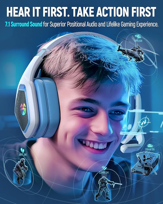 Tatybo Wireless Gaming Headset for PC Ps5 Ps4 2.4 Ghz USB &amp Type-C Gaming Headphones with Microphone 30H Battery Bluetooth Headphones for Switch Laptop Mobile Mac (Blue White)