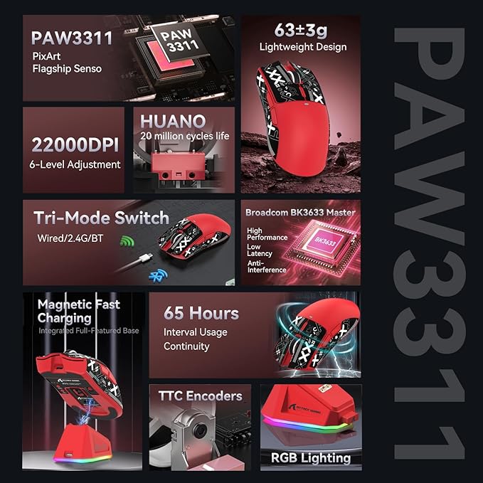 ATTACK SHARK X11 &amp X65 PRO HE Rapid Trigger Hall Effect Keyboard60% Magnetic Keyboard 8K Polling Rate RGB Hot SwapWireless Gaming Mice with Charging Dock 22K DPIBT/2.4Ghz/WiredCoiled Cable-Red