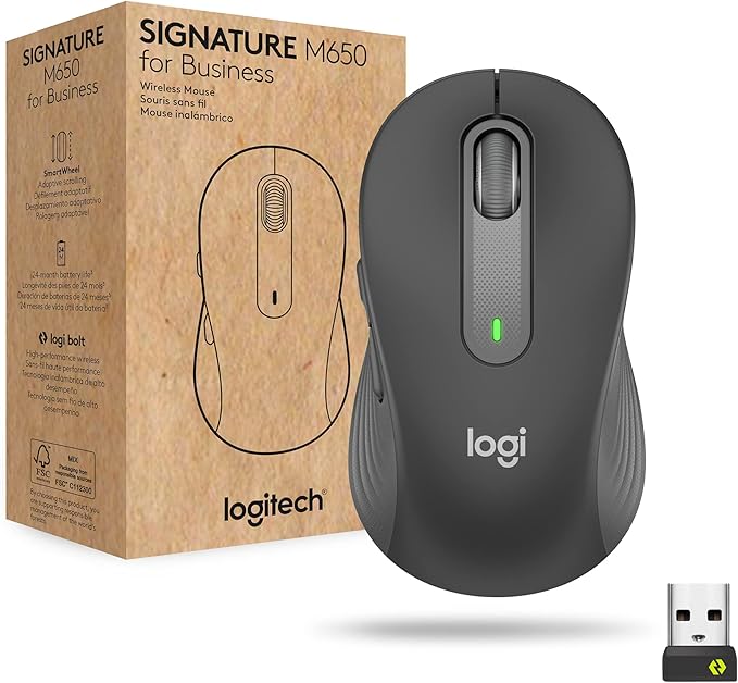 Logitech Signature M650 for Business Wireless Mouse for Small to Medium Sized Hands Logi Bolt Bluetooth SmartWheel - Graphite
