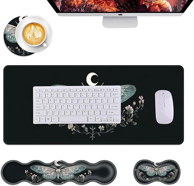 Mouse PadLarge Desk Mat Set 4in1 XL Mousepad + Keyboard Wrist Rest+Mouse Wrist Rest+Coaster with Ergonomic Desk Pad for Home Office Table Computer Cover -Moth Floral Moon