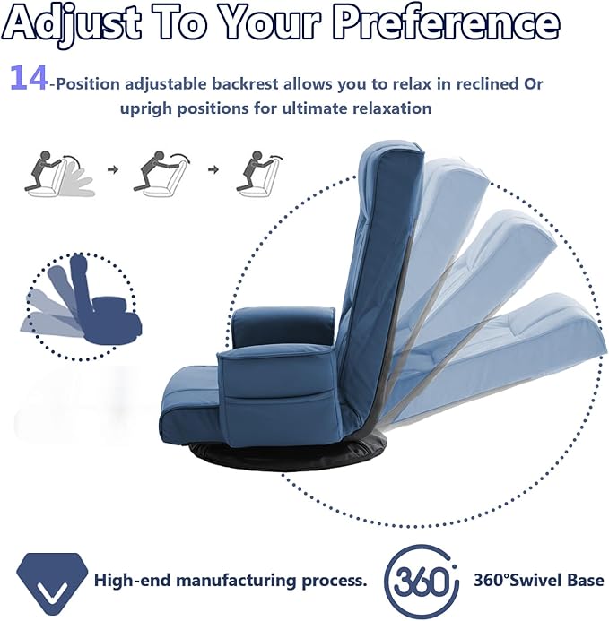360 Degree Swivel Floor Chairs for Adults Faux Leather Gaming Floor Chair with Back Support 14 Angles Adjustable Comfortable Floor Lounge Chair Folding Video Game Chairs Office Bedroom