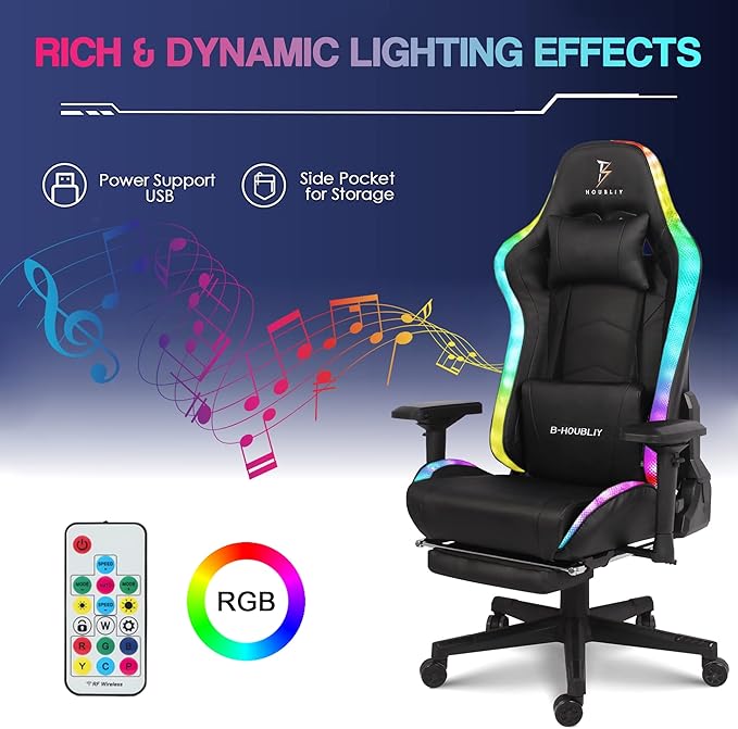 Gaming Chair with Footrest Computer Chairs for Adults PU Gamer Chair with Speakers and RGB Lights Full Massage Desk Chair Swivel Office Chair with Headrest 4D Armrest and Lumbar SupportPink