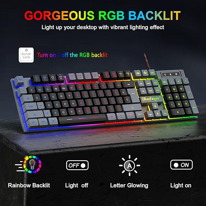 BlueFinger RGB Gaming Keyboard and Backlit Mouse Combo USB Wired LED Gaming Set for Laptop PC Computer Game and Work(Gray &amp Black)
