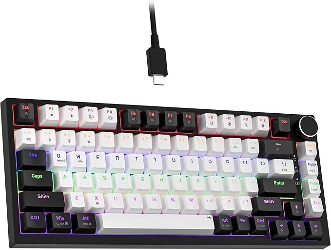 Newmen GM326 Wired Mechanical Keyboard75% Percent Mini Backlit Hot Swappable Gaming Mechanical Keyboard with Knob82 Keys Anti-Ghosting Compact Gaming Keyboards for PC Win MacBlack/WhiteRed Switch