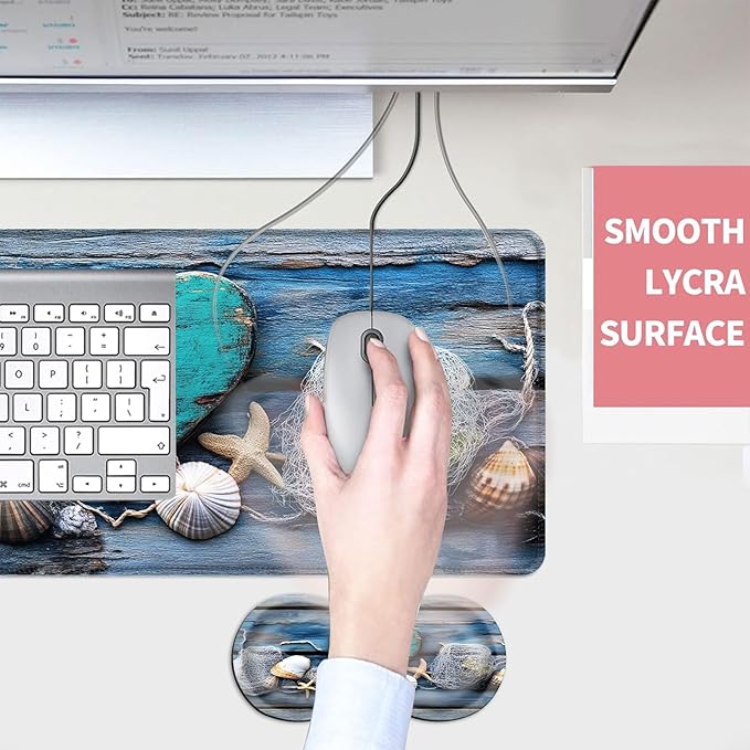 Mouse PadLarge Desk Mat Set 4in1 XL Mousepad + Keyboard Wrist Rest+Mouse Wrist Rest+Coaster with Ergonomic Desk Pad for Home Office Table Computer Cover -Rustic Beach Heart Seashells
