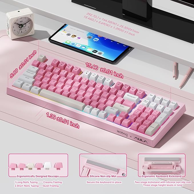 LEOBOG x Aula Gaming Keyboard Wireless Creamy Keyboard Bluetooth Computer Keyboards Ergonomic Pink Keyboard Full Size with Number Pad Light Up RGB Backlit Tri-Mode BT/2.4GHz/USB-C - K99