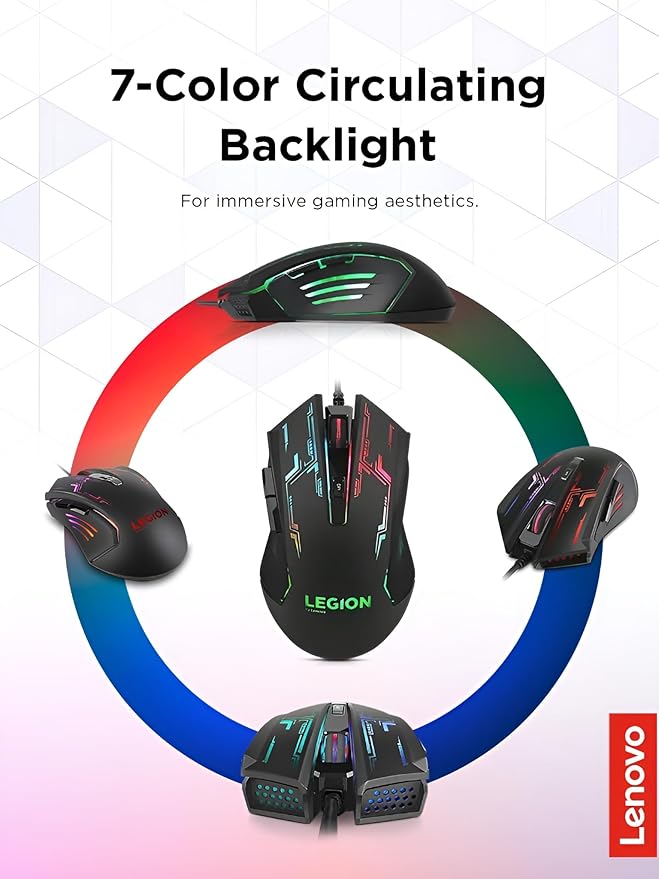 Lenovo Legion M200 RGB Gaming Mouse5-button designup to 2400 DPI with 4 levels DPI switch7-color circulating-backlightbraided cablecomfort for playingeasy to set-upGX30P93886Black