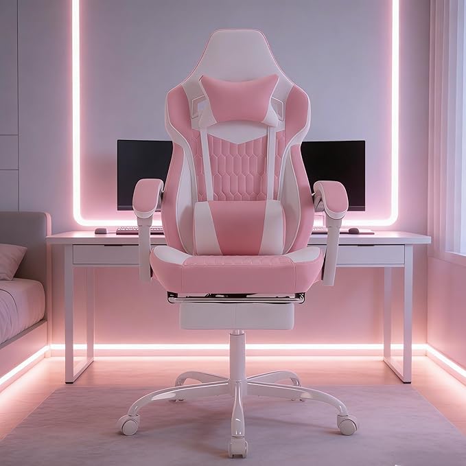 Gamer Chair Computer Chair Gaming with Adjustable Headrest Lumbar Support Ergonomic Rotatable Seat for Living Rooms Bedrooms and Offices (Pink)