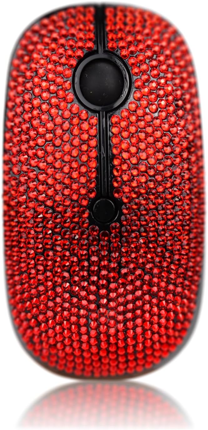 WONGS Bling Austrian Pink Crystal Rhinestone Wireless Mouse Slim Silent 2.4G Portable Mobile Optical Mice 3 Adjustable DPI Levels for Notebook PC Laptop Computer MacBook - Red