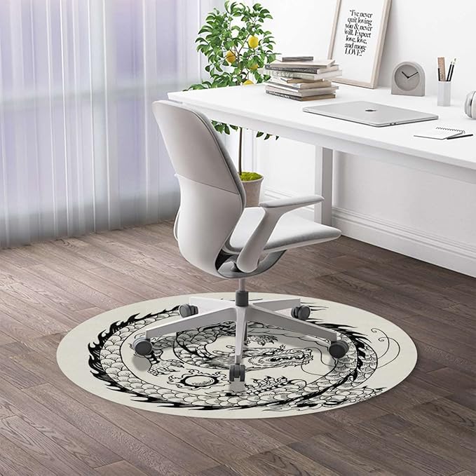 Black and White Gaming Chair Mat Round Floor Mats Japanese Swirled Dragon Mythology Eastern Office Chair Computer Gaming Desk Mat for Rolling Chair Non-Slip Gaming Rug Dragon Diameter 35.4 in