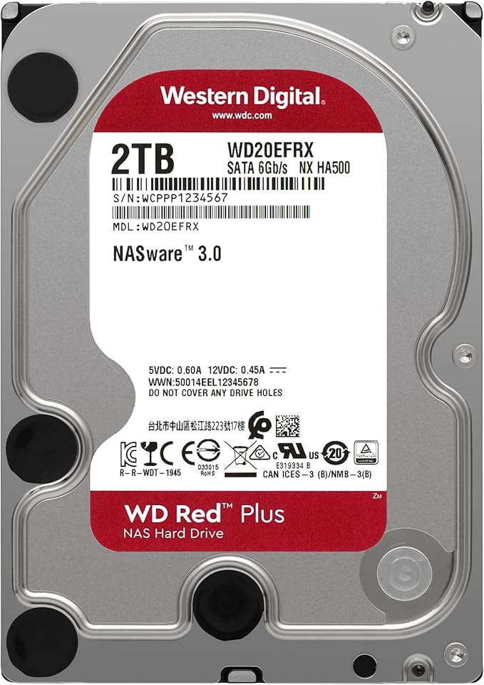 Western Digital 2TB WD Red Plus NAS Internal Hard Drive HDD - 5400 RPM SATA 6 Gb/s CMR 64 MB Cache 3.5 - WD20EFRX