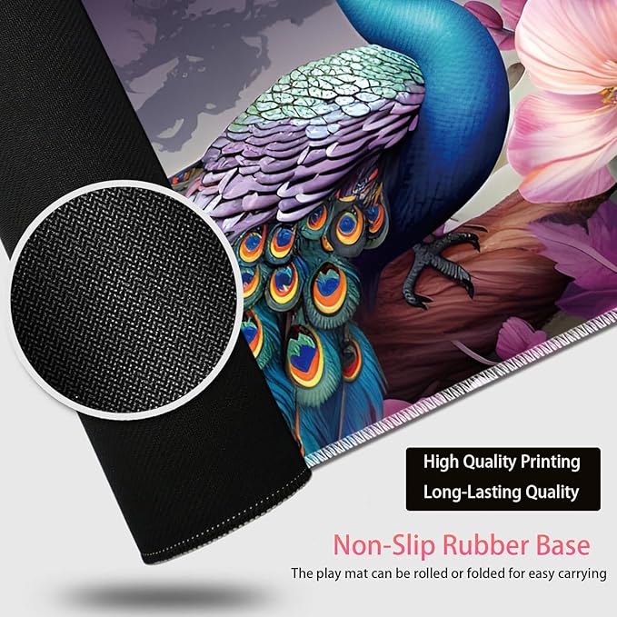Large Gaming Mouse Pad + Mouse Wrist Rest Pad + Coaster Combination 31.5 x 11.8 Durable Non-Slip Extension Table Mat Suitable for Office and Home Peacock and Flowers