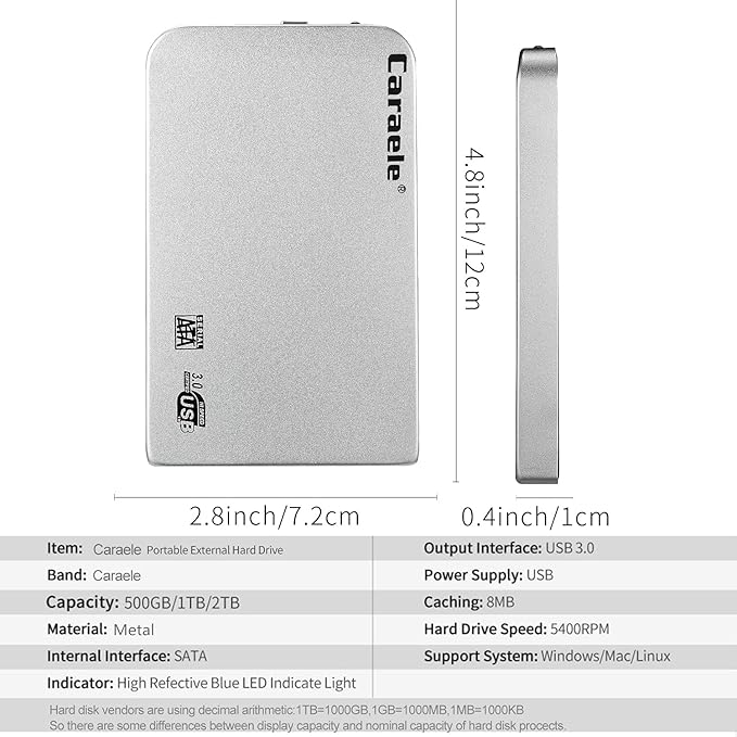 Portable SATA External Hard Drive HDD 500GB 1TB 2TB USB3.0 Ulra-Fast File Transfers for Windows Mac and Linux (500GB Silver)