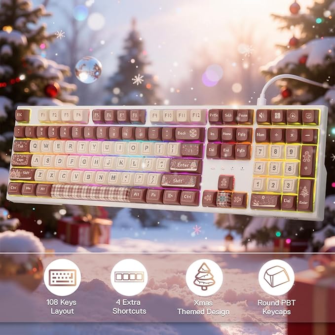 Redragon K668 Xmas Wired Gasket RGB Gaming Keyboard 108 Keys Mechanical Keyboard w/Extra 4 Hotkeys Upgraded Hot-swappable Socket Sound Absorbing Foam Christmas Gingerbread Man Themed Cute Keycaps