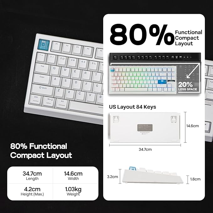 EPOMAKER G84 HE Wireless Hall Effect Keyboard 8K Polling &amp 8000mAh SOCD &amp DKS Gaming Keyboard with Fast Trigger &amp Adjustable Actuation RGB Backlit PBT Keycap Hot-Swap for Win/Mac (W
