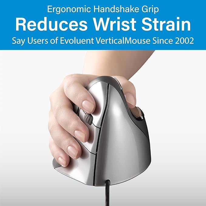 Evoluent – World's Original Vertical Mouse Wired Ergonomic Mouse for Right Hand Medium to Large Helps with Carpal Tunnel and Wrist Strain Customizable 6 Buttons 4 Speed Settings Comfortable Grip