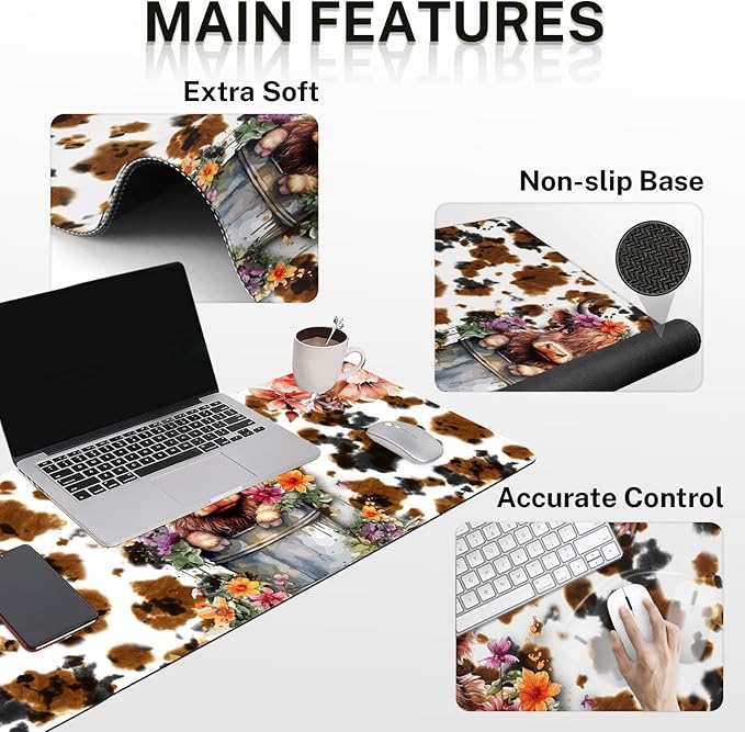 Arttown Highland Cow Flower Desk Mat Leaves Cartoon Print Mouse Pad Set 4 in 1 Ergonomic Design Large Mousepad + Keyboard Wrist Rest + Mouse Wrist Rest + Coaster Suitable for Home Office Study Game