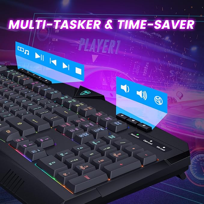 Wireless Keyboard Rechargeable RGB Backlit Wireless Gaming Keyboard with Wrist Rest Silent Keys Multimedia Keys Anti-ghosting Full-Size Waterproof Light Up Keyboard for PC Mac Xbox Gamer