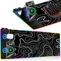XXL Mouse Pad with Foldable Phone Holder - Black RGB Desk Mat with 15W Fast Charging LED Gaming Mousepad with 11 Light Colors Waterproof Non-Slip Pad (Stand-XXL RGB Topographic)