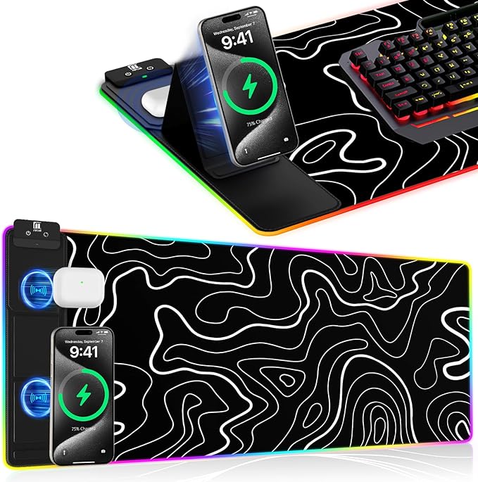XXL Mouse Pad with Foldable Phone Holder - Black RGB Desk Mat with 15W Fast Charging LED Gaming Mousepad with 11 Light Colors Waterproof Non-Slip Pad (Stand-XXL RGB Topographic)