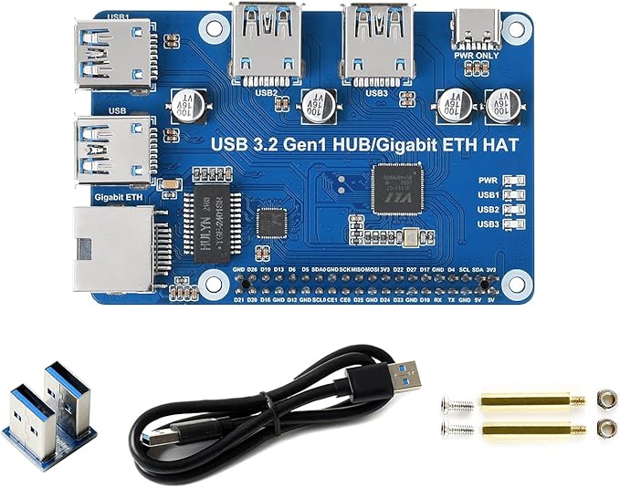 Waveshare USB 3.2 Gen1 and Gigabit Ethernet HUB HAT Compatible with Raspberry Pi Zero/Zero W/4B/3B/3B+ 3X USB 3.2 Gen1 1x Gigabit Ethernet No Driver Required