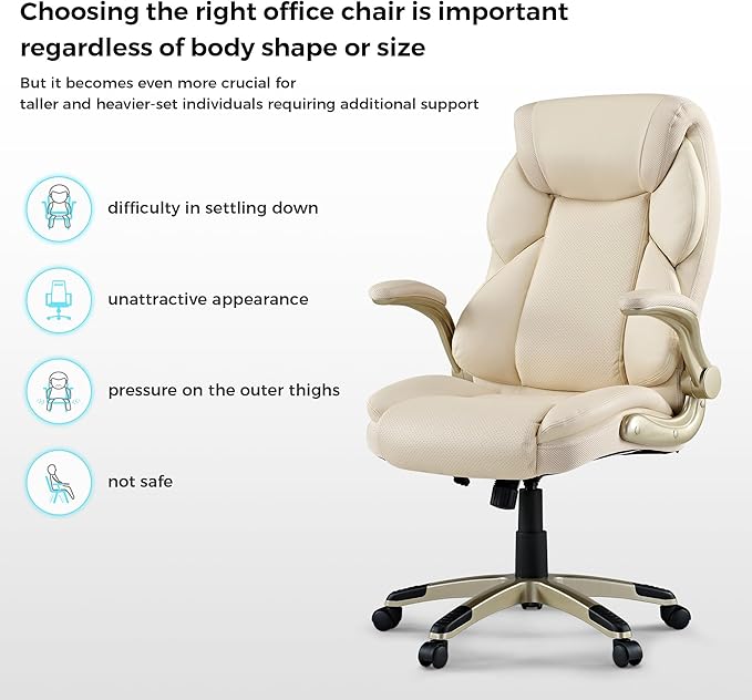 EUREKA ERGONOMIC Galene Executive Office Chair Flip Up Arm Rest Ergonomic Desk Chair Faux Leather Computer Chair High Back Office Chair with Headrest Home Office Desk Chairs with Wheels Beige