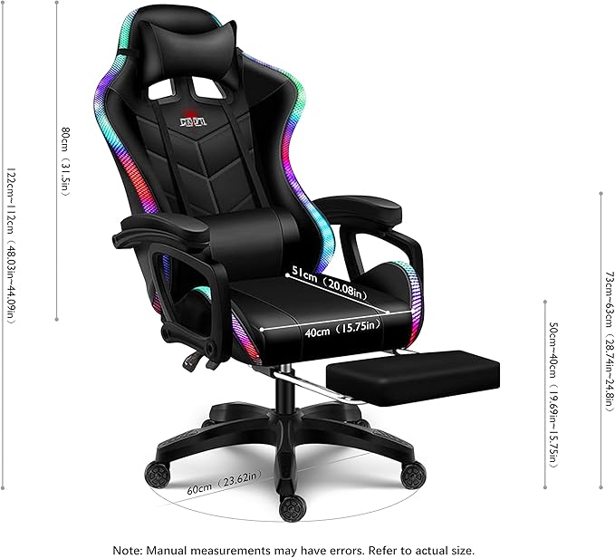 Gaming Chair with LED Lights and Speakers Music Video Chair for Adults with Massage and Footrest Ergonomic Chair with Headrest and Lumbar Support Maximum Load 150KG. (Black+White)