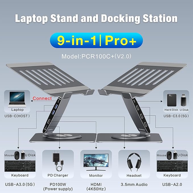 Adjustable Laptop Stand for Desk with Docking Station 9-in-1 Aluminum Laptop Riser with USB Hub 360° Swivel Dual Display 4K60Hz HDMI 3 USB3.0 100W PD Charging for MacBook Pro Air/Dell/HP 7-15.6