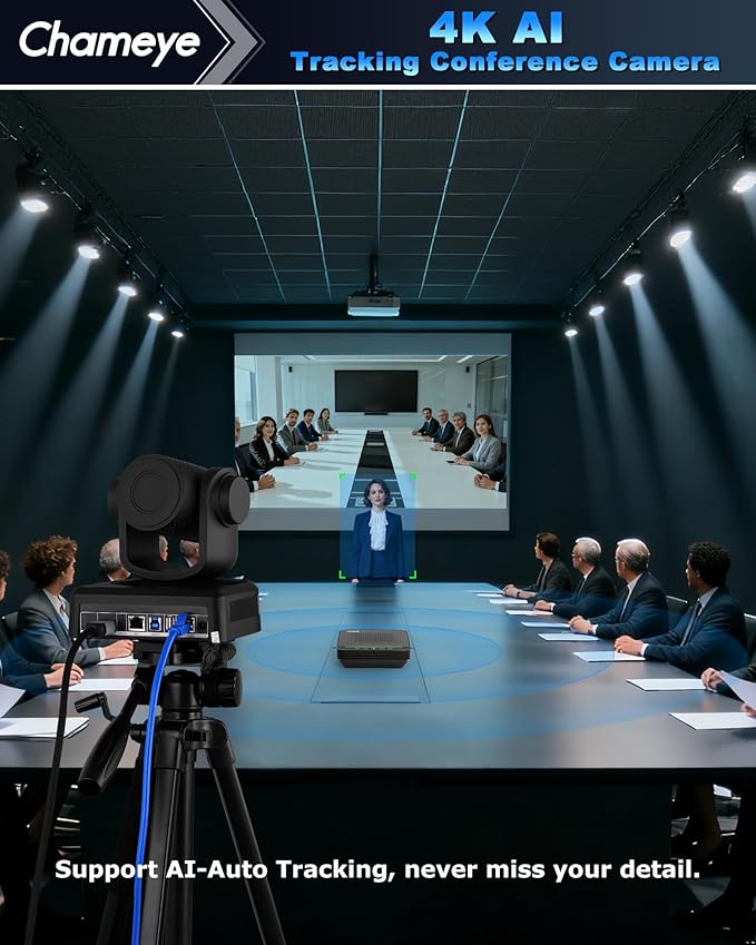 Chameye 4K Video Conference Room Camera AI Auto Tracking PTZ Camera 4K 20X Zoom LAN HDMI USB3.0 PTZ Cam and Bluetooth Conference Speaker&ampMicrophone Bundle for Large Remote Meeting CB201 Black