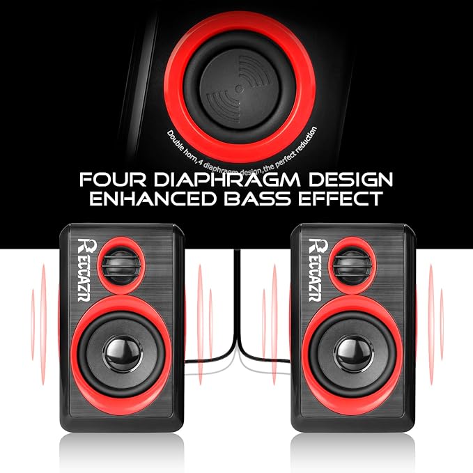 Computer Speakers 2.0 CH PC Speakers with Surround Sound USB Wired Laptop Speakers with Deep Bass for Desktop Computer/PC/Laptops/Smart Phone Build-in 4 Loudspeaker Diaphragm Reccazr SP2040|RED