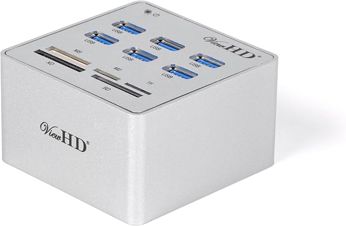 ViewHD Premium Quality USB 3.0 6-Port Hub with Card Reader &amp On/Off Switch + 12V 4A Power Adapter + USB Cable in Full Metal Case (Silver) | VHD-U3P6S