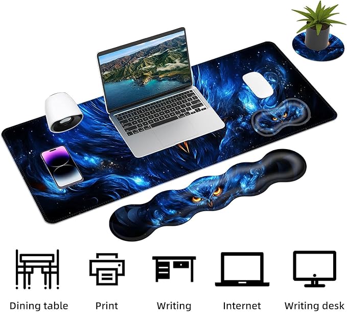 Keyboard Mouse Pad Set Extended Gaming Mouse Pad+Ergonomics Keyboard Wrist Rest Support Memory Foam Easy Typing Pain Relief 4Pcs XL Ultra Thick Desk MatCosmic Owl Glowing Eyes