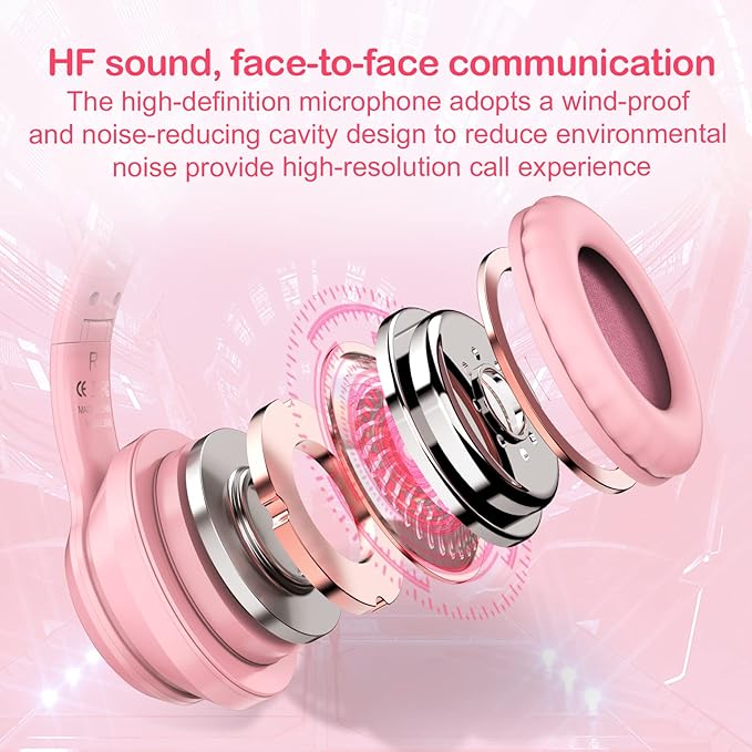 Pink Bluetooth Cat Ear Headphones for Kids &amp Adults Wireless &amp Wired Mode Foldable Headset with Mic - Clear Sound Quality - RGB LED Light for Girls School Gaming for Phone/Laptop/PC/Tablet