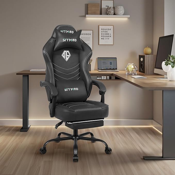 Gaming Chair for Adults Computer Chairs with Footrest and Lumbar Support Ergonomic PU Leather Game Chair with Headrest Height Adjustable PC Gamer ChairsBlack