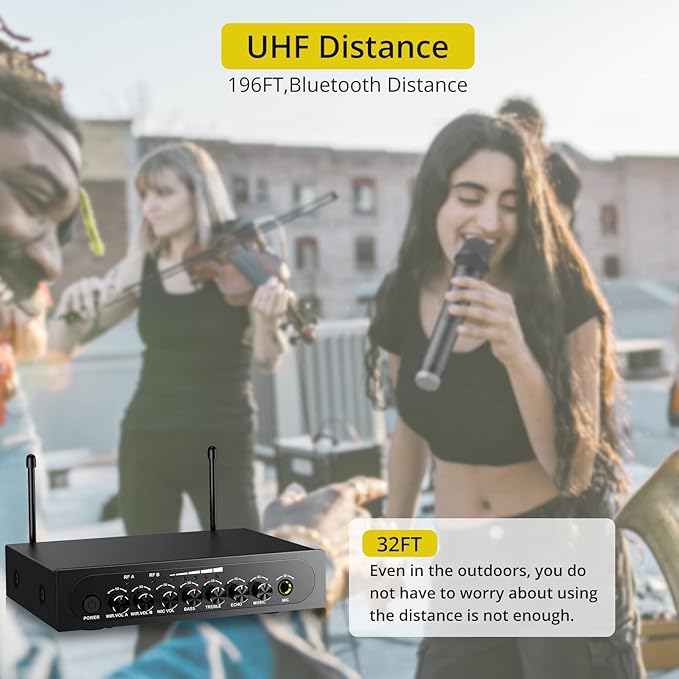 PROZOR UHF Wireless Microphone with Volume Treble Bass Echo Control Wireless Rechargeable Mic Dual Handheld Dynamic Mic System (Bluetooth UHF Base Station – Echo/Treble/Bass Control)
