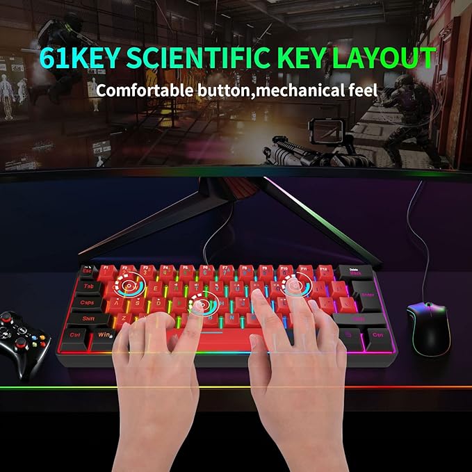 Snpurdiri 60% Wired Gaming KeyboardTrue RGB Small Compact 61 Keys Mini Keyboard for PC/Mac Gamer Typist Travel Easy to Carry on Business Trip(Black-Red)