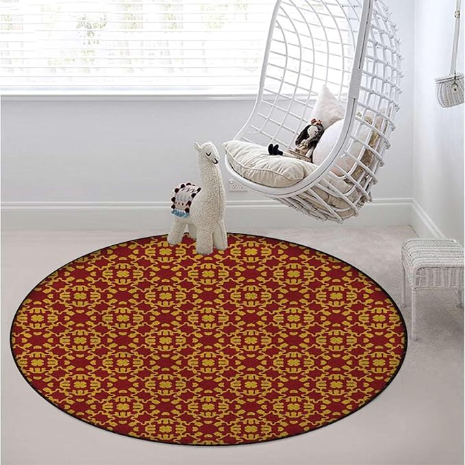 Orange Round Floor Mat Doormat Non Slip Absorbent Carpet Yoga Rug for Entryway Bedroom Living Room Sofa Home Decor Flower Motifs Details Traditional Eastern Diameter 47.2 in