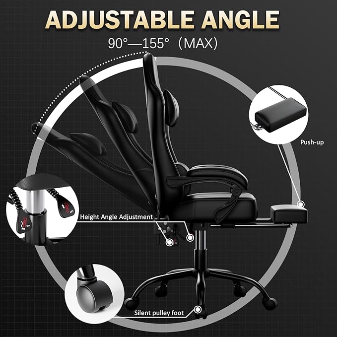 Ergonomic Gaming Chair Video Game Chair with Pocket Spring Cushion and Footrest Height Adjustable Computer Chair with Swivel Seat and Headrest (Faux Leather Black)