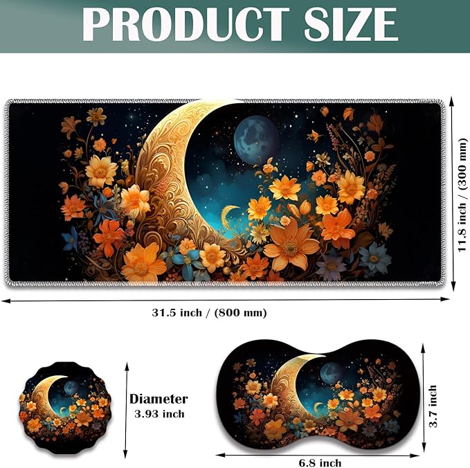 Large Game Mouse Pad + Wrist Support Pad + Coffee Coaster Desk Pad with Sewn Edges Anti-Slip Set pad Suitable for Office Work and Home - Flowers Moon Star