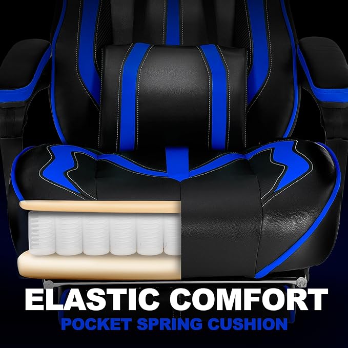 Vonesse Gaming Chairs for Adults Gamer Chair with Footrest and Massage Reclining Big and Tall Ergonomic Gaming Chair Computer Chairs for Heavy People 300LBS (Blue/Black)