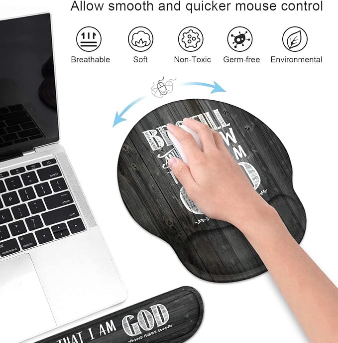 Keyboard Wrist Rest and Mouse Pad Wrist Support Set with Coasters Ergonomic Gaming Mousepad Non-Slip PU Base for Home Office Working Studying Easy Typing &amp Pain Relief - Bible Verse Psalm 46:10